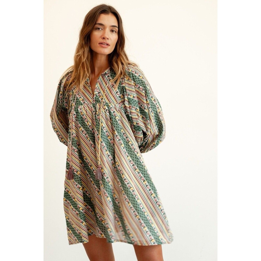MILLE Daisy Striped Floral Mini Dress Green Pink Tassel Boho